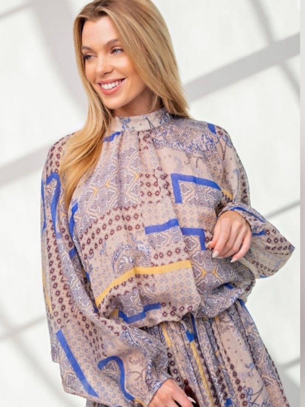 Boho Paisley High-Neck Shirt in Beige with Blue & Yellow Accents